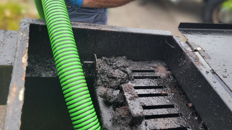 Waste oil is vacuumed to a truck 