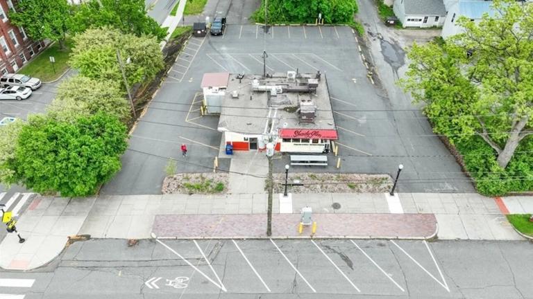Overhead view of building and parking lot