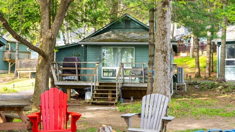 One of the 8 seperate cabins, deck, 1-2 bedrooms,living area, fireplace, lake views 