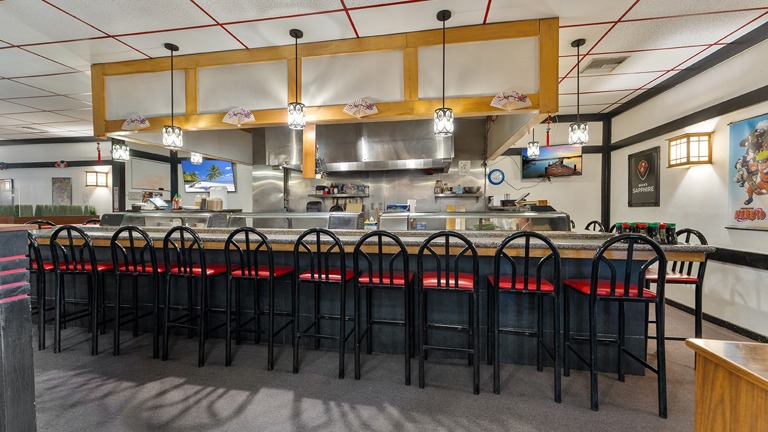 Large sushi bar with plenty of seatings. Large sushi bar with plenty of seatings.