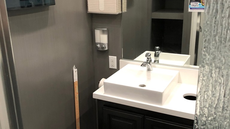 Inside restroom trailer 