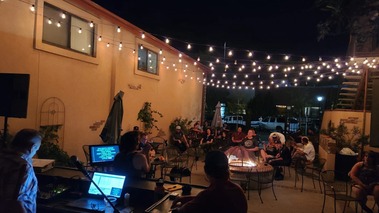 Karaoke on the patio at night
