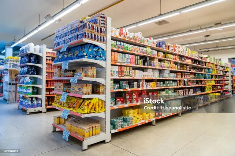 Clean, well-stocked grocery store with halal meat section.
