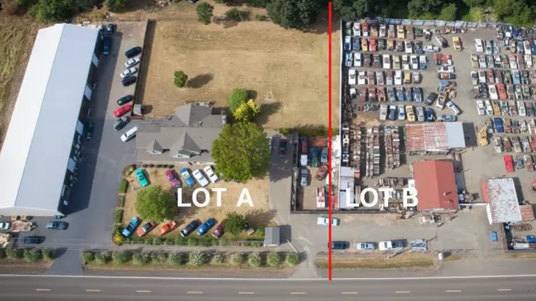 Areal view of warehouse, residential house, and wrecking yard