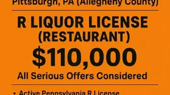 Pittsburgh City, PA Liquor License $110k firm