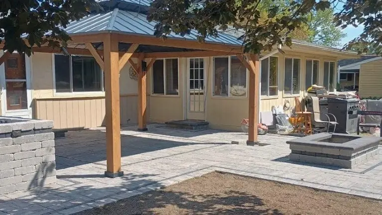$65,000 patio with pergola, outdoor kitchen and fire pit. $65,000 patio with pergola, outdoor kitchen and fire pit.