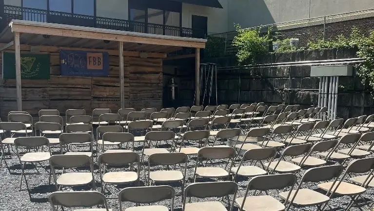 Outdoor stage and beer garden area. 