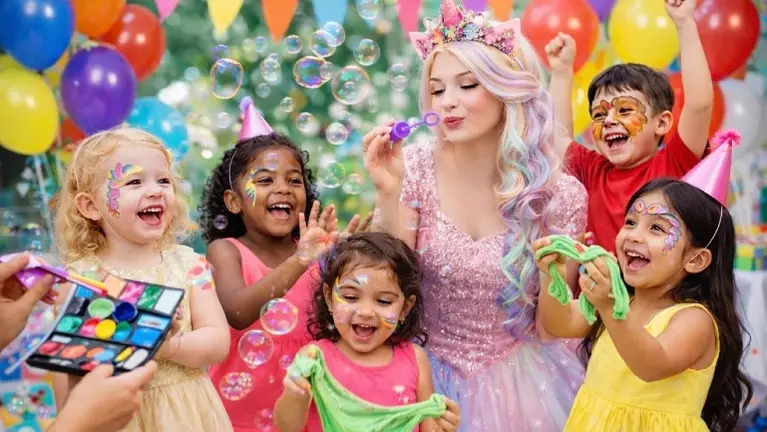 Kids Party World interactive children’s entertainment including bubble activities, slime fun, face painting, and party games.