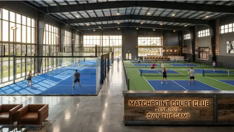 Interior rendering with café, pickleball & padel courts Interior rendering with café, pickleball & padel courts