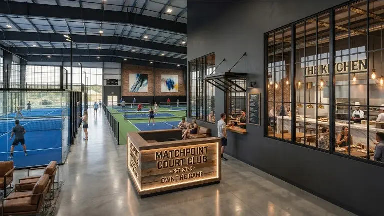 Interior rendering with café, pickleball & padel courts Interior rendering with café, pickleball & padel courts