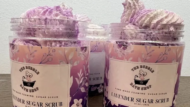Our premium Lavender Sugar Scrubs Handmade on site. Our premium Lavender Sugar Scrubs Handmade on site.
