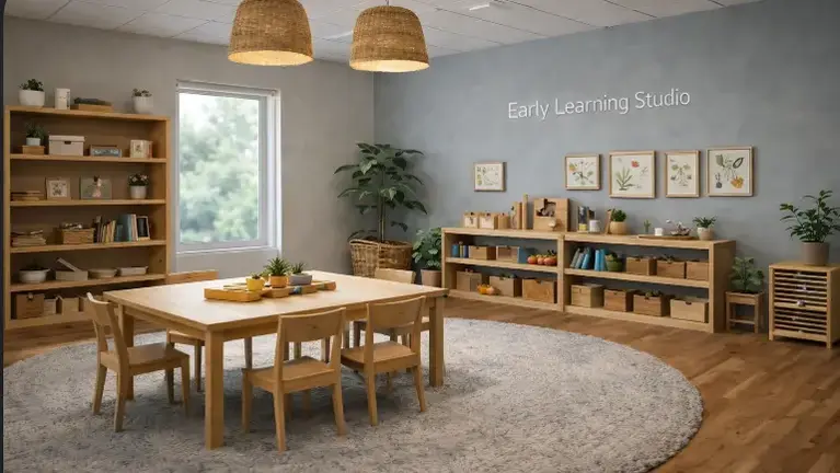 Warm, nature-inspired classroom environment with natural wood furniture, structured learning zones, and child-sized workspaces.