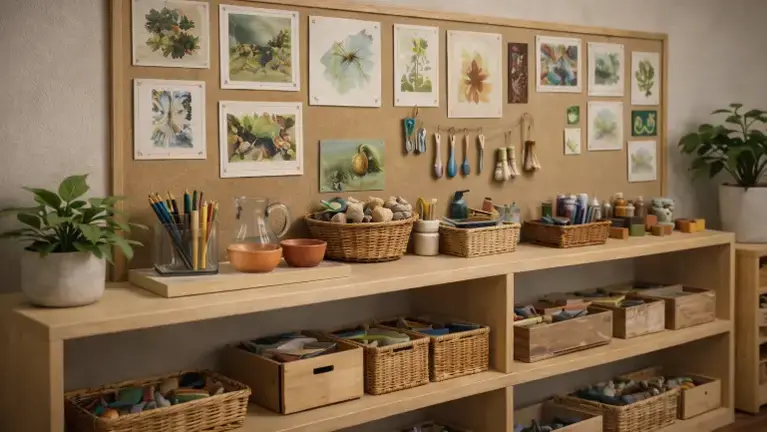 Hands-on creative station with natural materials, art supplies, and organized learning tools.