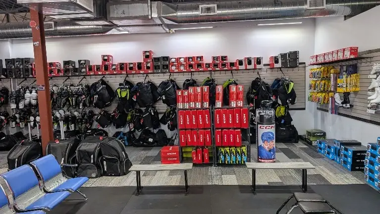 Skate fitting area, hockey skates, Pants, Helmets
