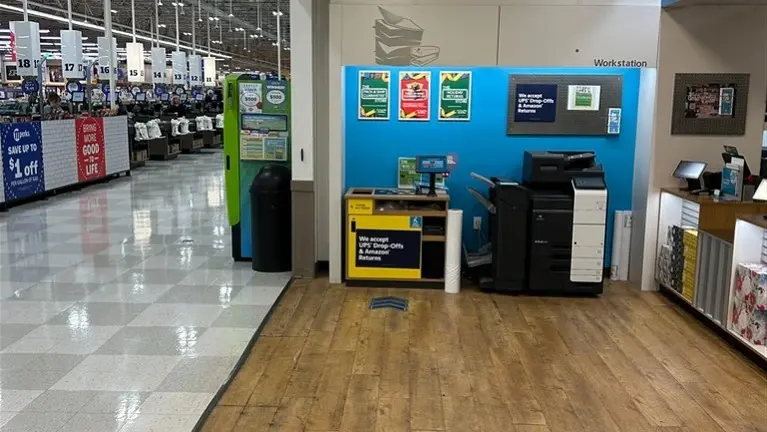 Opens directly into the checkout lane area