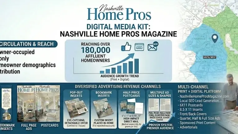 This infographic details the strong value proposition of Nashville Home Pros Magazine, a direct-mail publication with a diversified revenue model.  Key Highlig