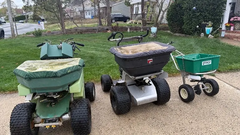 Riding spreader with sprayer, Riding spreader, 3 push spreaders (2not shown)