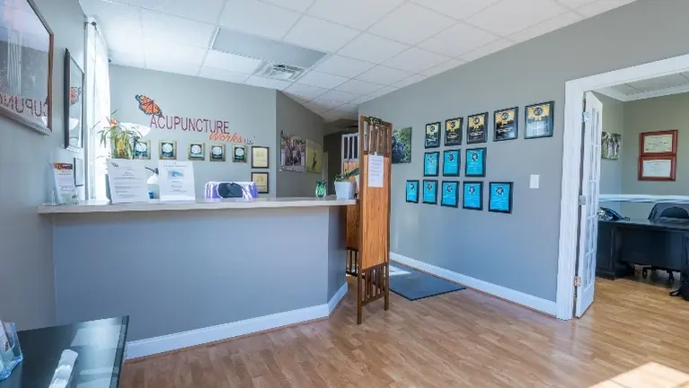 View of reception desk upon entering.