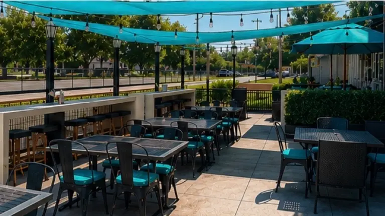 Patio facing Main Street. Seating capacity of 40+