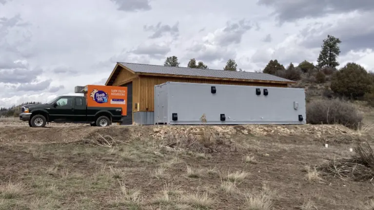 Exterior of container farm. Insulated, heated, cooled, humidified.