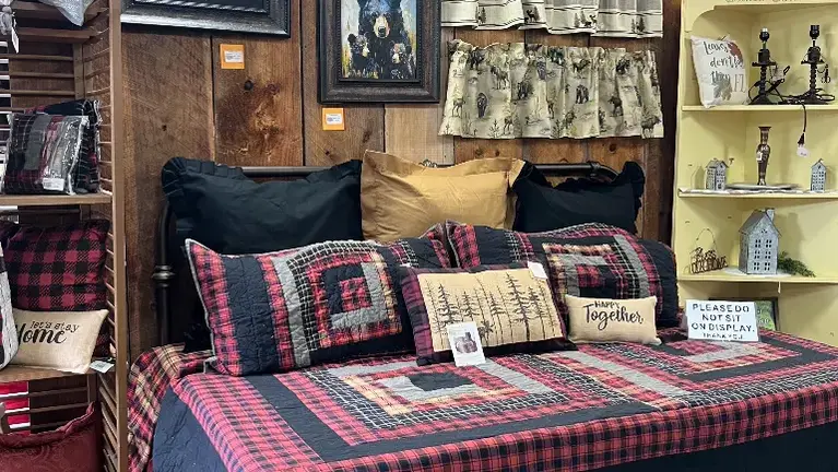 Cabin bedding, window treatments, and decor