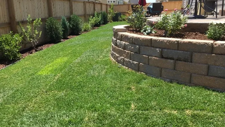 Full backyard landscape design with sprinkler system, retaining wall, sod, and planting