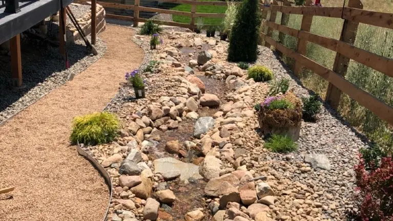 Full backyard xeriscape design with water feature, sprinkler system, and planting