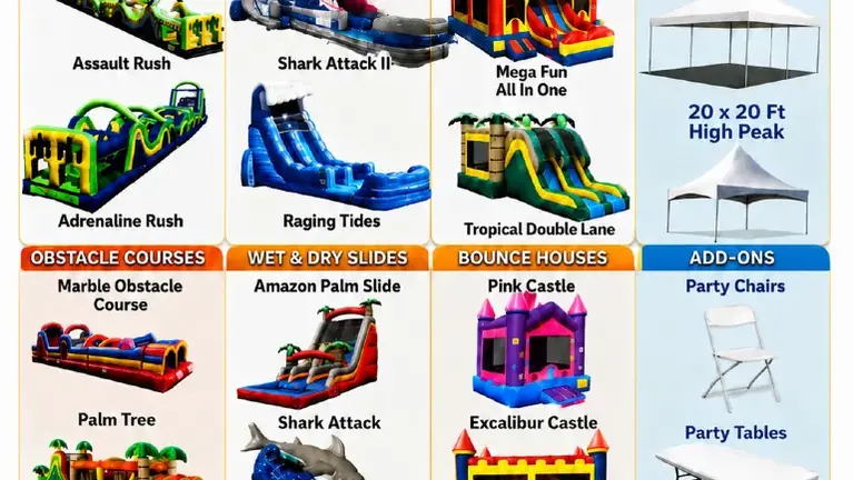 Full lineup inflatables, Tents, Tables Full lineup inflatables, Tents, Tables