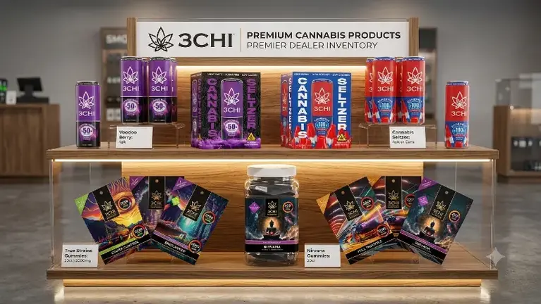 Showcasing top-selling 3Chi seltzers and True Strains edible lines. Showcasing top-selling 3Chi seltzers and True Strains edible lines.