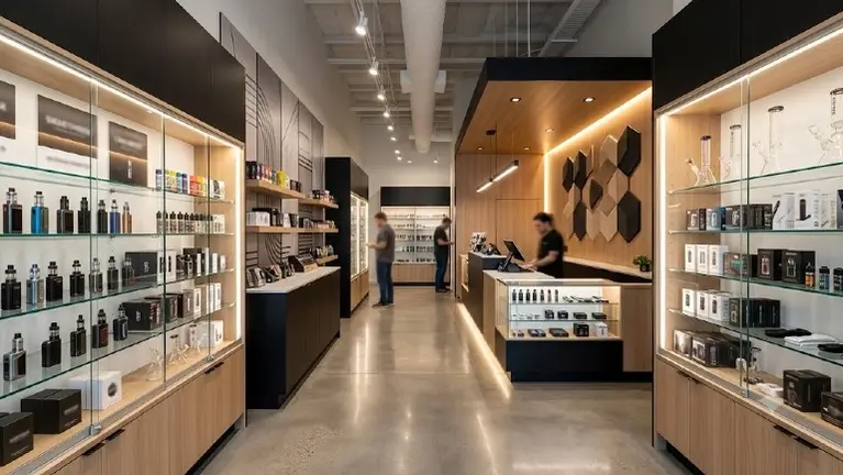 Modern, clean vape and smoke shop retail showroom featuring backlit glass display cases, sleek counters, and organized inventory displays. Modern, clean vape and smoke shop retail showroom featuring backlit glass display cases, sleek counters, and organized inventory displays.
