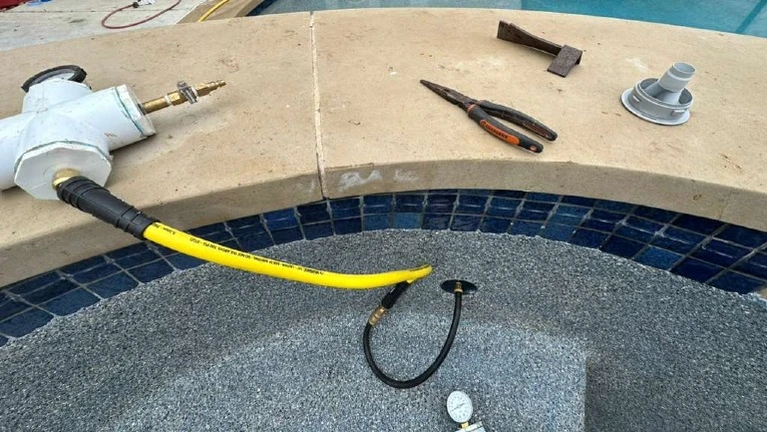 Pressure testing equipment used to evaluate plumbing lines and isolate underground leaks as part of a comprehensive diagnostic process. Pressure testing equipment used to evaluate plumbing lines and isolate underground leaks as part of a comprehensive diagnostic process.