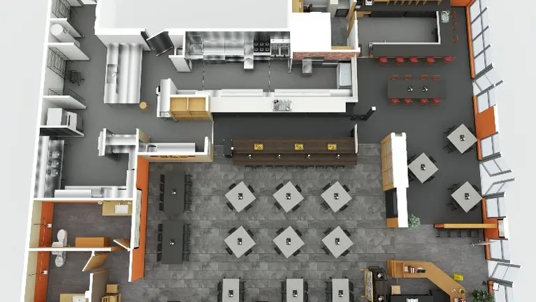 floor plan showing dining room, sushi counter, bar, kitchen, back of house, and restrooms.